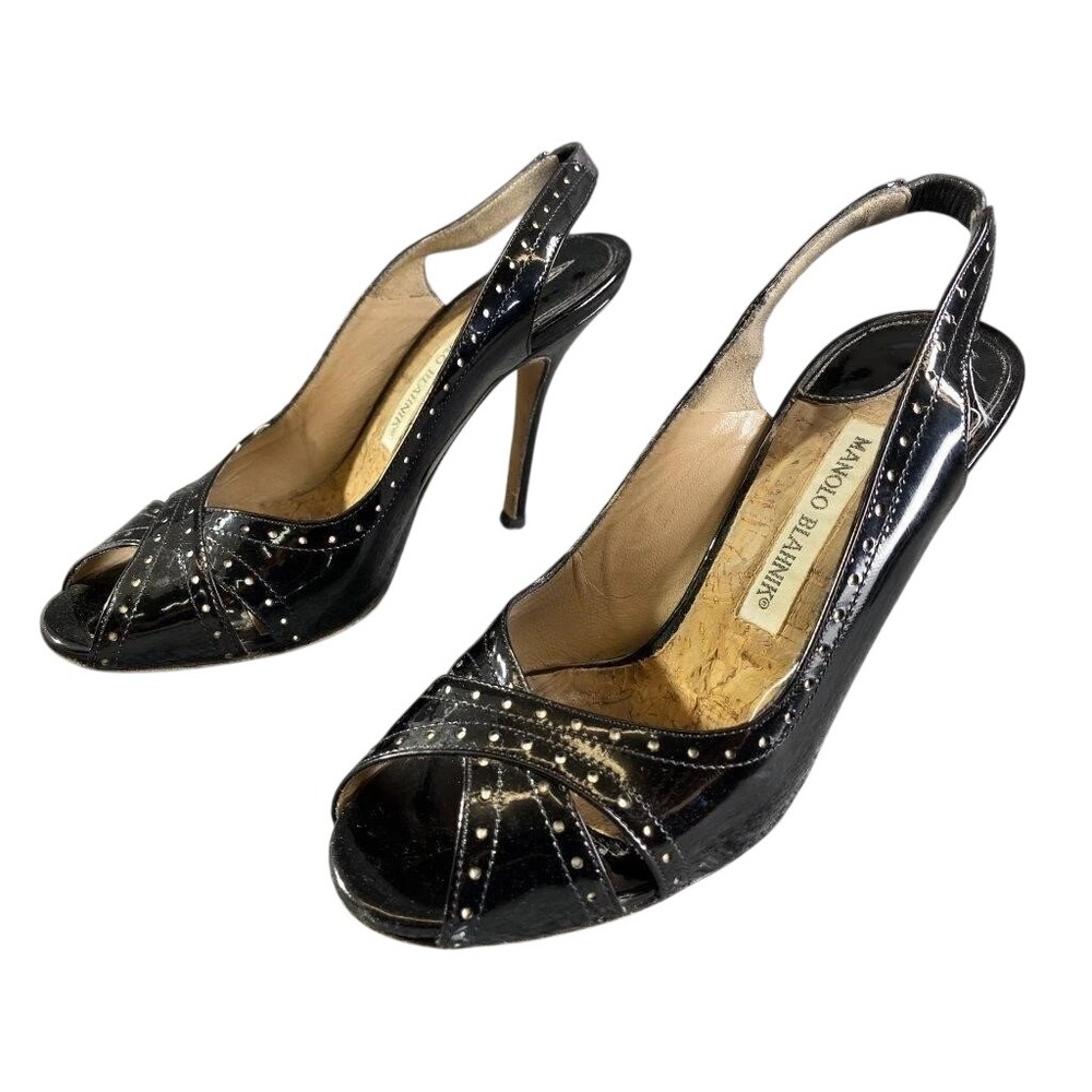 Manolo Blahnik Pumaslipe Black Patent Leather Slingback Peep Toe Pumps 36